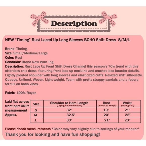 Rust Laced Up Long Sleeves BOHO Flowy Shift Dress - Picture 7 of 7